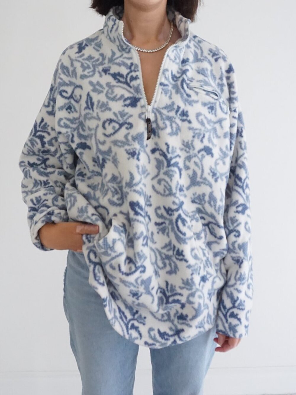 Vintage Cherokee Cream Blue Floral Paisley Damask Quarter Zip Sweater L